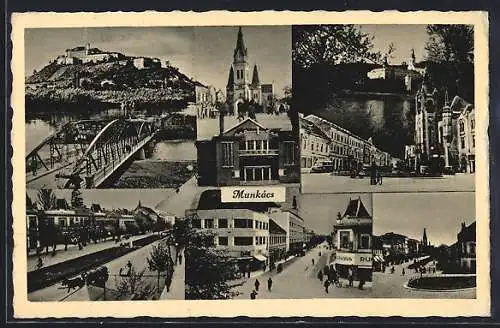 AK Munkács, Kirche, Flussbrücke mit Blick zur Burg, Stadtplatz, Ortspartien