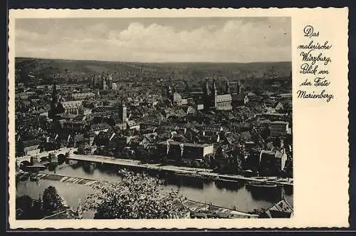 AK Würzburg, Blick von der Feste Marienberg auf den Ort