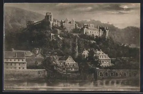 AK Heidelberg / Neckar, Heidelberger Schloss von der Hirschgasse gesehen bei Mondschein