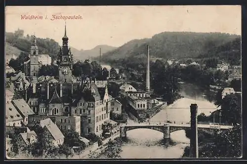 AK Waldheim / Zschopautal, Ortsansicht mit Kirche und Flussbrücke