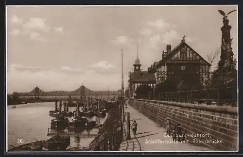 AK Duisburg-Ruhrort, Schifferbörse mit Rheinbrücke