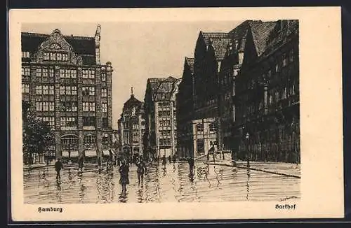 Künstler-AK Hamburg, Barkhof, Passanten im Regen