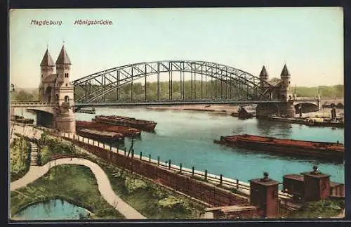 AK Magdeburg, Königsbrücke mit Schleppkähnen