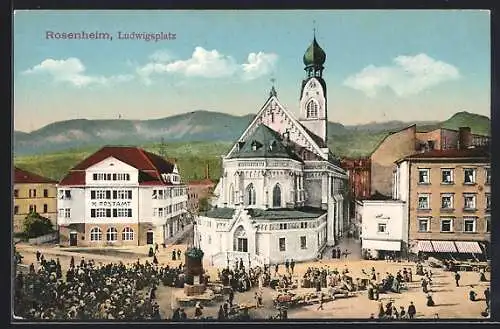 AK Rosenheim, Ludwigsplatz mit Kirche und Postamt