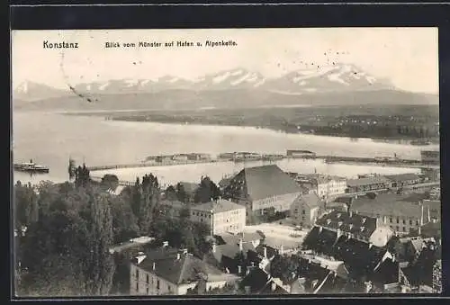 AK Konstanz, Blick vom Münster auf Hafen und Alpenkette