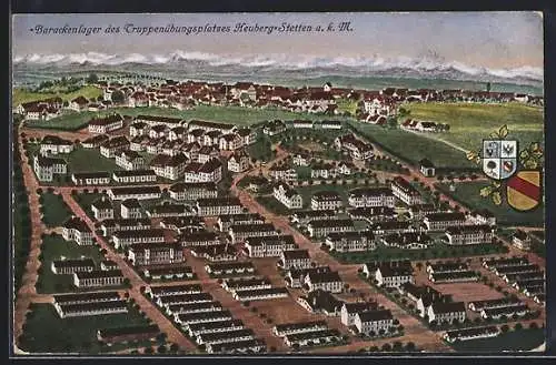 Künstler-AK Heuberg-Stetten a. k. M., Barackenlager des Truppenübungsplatzes, Wappen