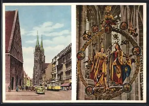 AK Nürnberg, Königstrasse mit Blick zur Lorenzkirche, der Englische Gruss von Veit Stoss