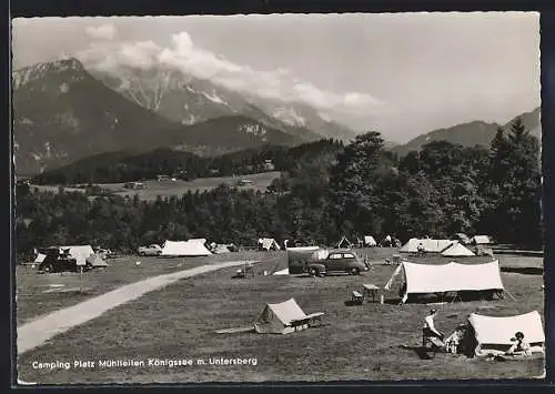 AK Königssee / Berchtesgaden, Campingplatz Mühlleiten mit dem Untersberg