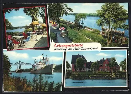 AK Rendsburg am Nord-Ostsee-Kanal, Lotsengaststätte der Eheleute Kroll, Flussblick von der Terrasse aus