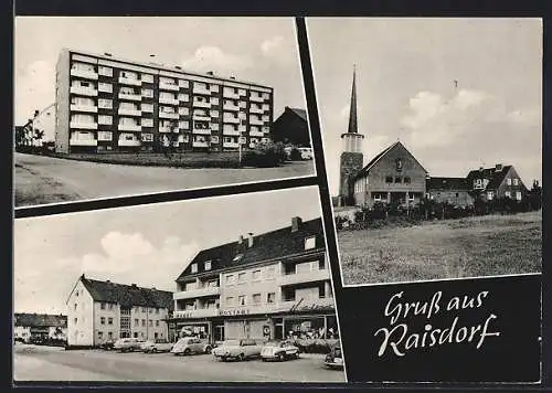 AK Raisdorf b. Kiel, Ortspartie mit Kirchturm, VW Käfer vor dem Postamt