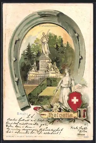 Präge-Lithographie Basel, St. Jacobs-Denkmal im Hufeisen-Passepartout mit Helvetia