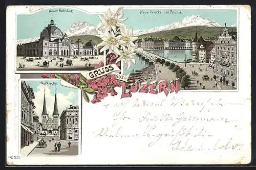 Lithographie Luzern, Neuer Bahnhof, Hofkirche, Neue Brücke und Pilatus