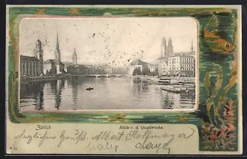 AK Zürich, Blick von der Quaibrücke im Unterwasser-Passepartout