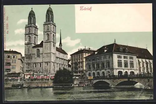 AK Zürich, Uferpartie mit Kirche