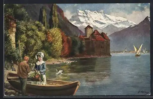 Künstler-AK Chillon, Schloss Chillon und Paar am Ufer