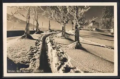 AK Davos-Frauenkirch, Strassenpartie in tiefen Schnee