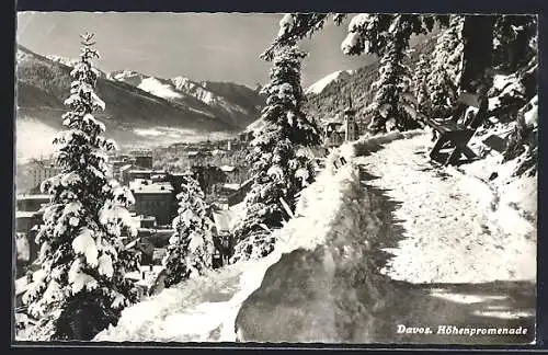 AK Davos, Ortsansicht von der verschneiten Höhenpromenade