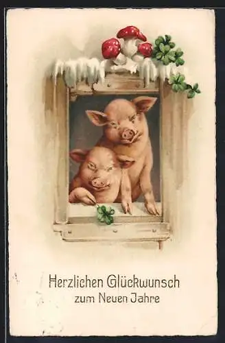 AK Zwei glückliche Schweine in einem Fenster, Glücksbringer, Neujahrsgruss