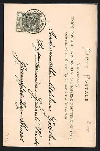 Lithographie Zwei Mädchen und Dackel mit Schnuller in einer Wiege, Puppe