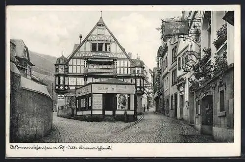 AK Assmannshausen a. Rh., Am Gasthauus Bauernschenke und Hotel Nassauer Hof