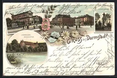 Lithographie Darmstadt, Theater m. Kriegerdenkmal, Jagdschloss Kranichstein & Alexanderpalais