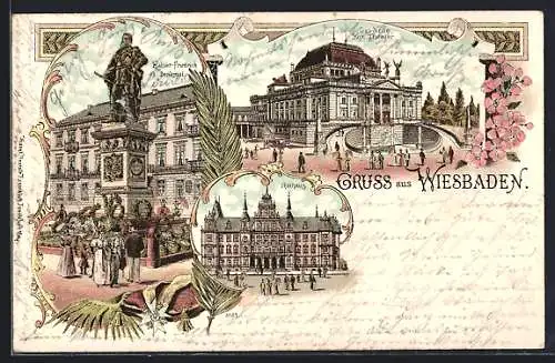 Lithographie Wiesbaden, Rathaus, Kaiser-Friedrich-Denkmal, Das Neue Kgl. Theater