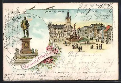 Lithographie Elberfeld, Neues Rathaus, Neumarkt, Bismarck-Denkmal