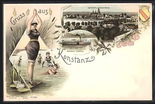 Lithographie Konstanz, Gesamtansicht von der Seestrasse, Boden Dampfer und Schwimmerinnen