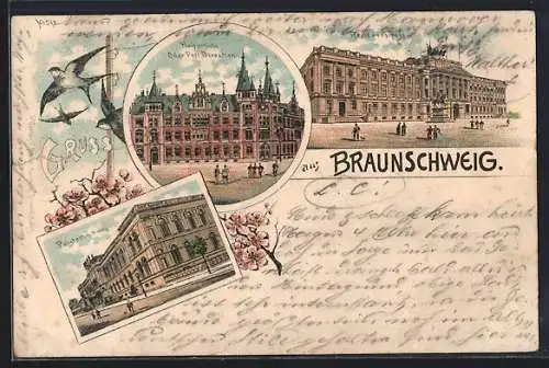 Lithographie Braunschweig, Polytechnikum, Kaiserliche Oberpostdirektion und Residenzschloss