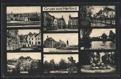 AK Herford, Wittekinddendenkmal, Jahnstein und Bielefelderstrasse