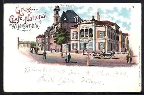 Lithographie Winterthur, Strassenpartie am Cafe-National mit neuem Postgebäude