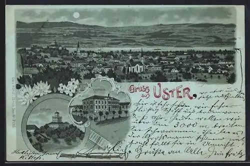 Mondschein-Lithographie Uster, Schloss, Schulhaus und Panorama bei Nacht