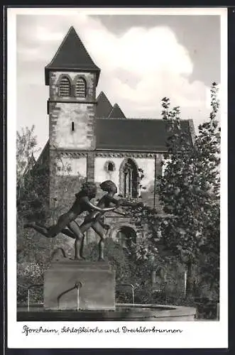 AK Pforzheim, Schlosskirche und Dreitälerbrunnen