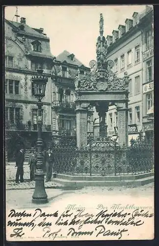 AK Mainz, Elegante Herren am Marktbrunnen