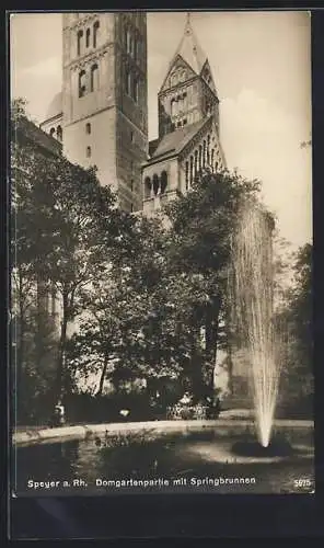 AK Speyer a. Rh., Domgartenpartie mit Springbrunnen