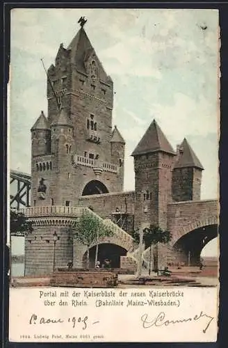 AK Mainz, Portal der Kaiserbrücke mit Kaiserbüste (Bahnlinie Mainz-Wiesbaden)