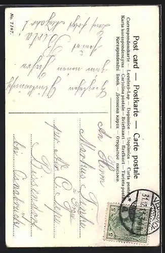 AK Neujahrsengel mit Wanduhr um Mitternacht, Vergissmeinnicht und Winterlandschaft