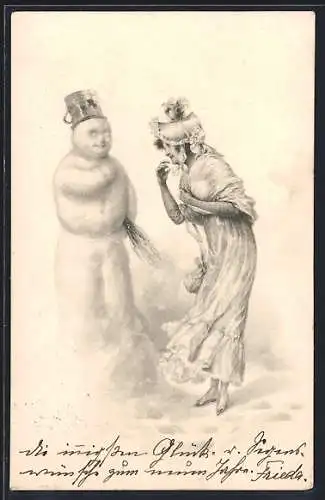 Künstler-Lithographie M. Munk: Fräulein unterhält sich mit Schneemann