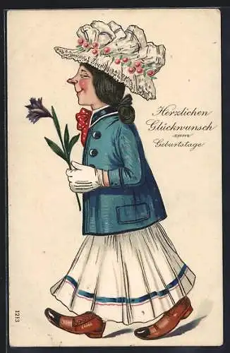 AK Frau mit Hut gratuliert mit einer Blume zum Geburtstag