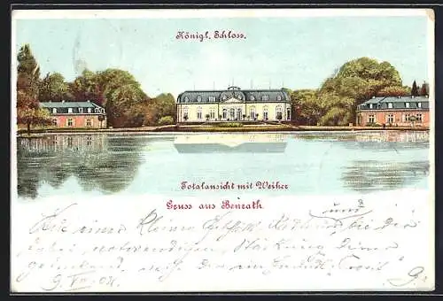 Lithographie Benrath, Königl. Schloss, Restaurant zu den vier Jahreszeiten, Gesamtansicht mit Weiher