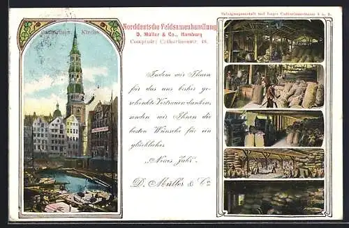 AK Hamburg, Norddeutsche Feldsamenhandlung D. Müller & Co., Catharinenstrasse 48, Catharinen-Kirche