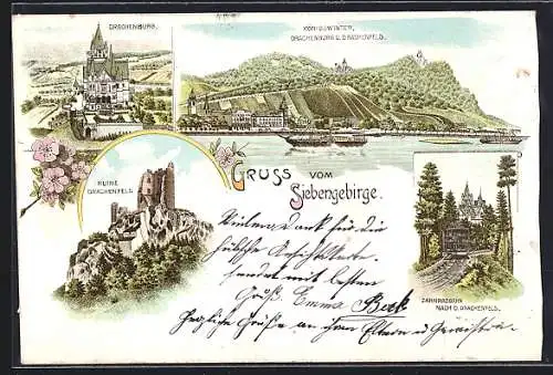 Lithographie Königswinter /Siebengebirge, Drachenburg, Ruine Drachenfels und Zahnradbahn