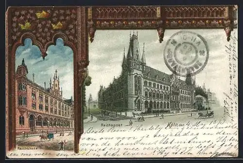 Lithographie Köln, Ansichten der Reichstpost und der Reichsbank