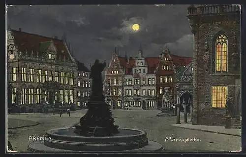 AK Bremen, Marktplatz mit Denkmal bei Nacht