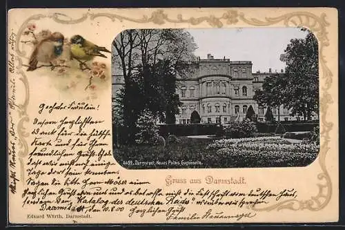 Lithographie Darmstadt, Neues Palais, Gartenseite, Singvögel auf blühendem Zweig, Ornament