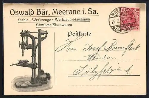 AK Meerane i. Sa., Werkzeugmaschinen-Firma Oswald Bär, Schraubstock, Korrespodenzkarte