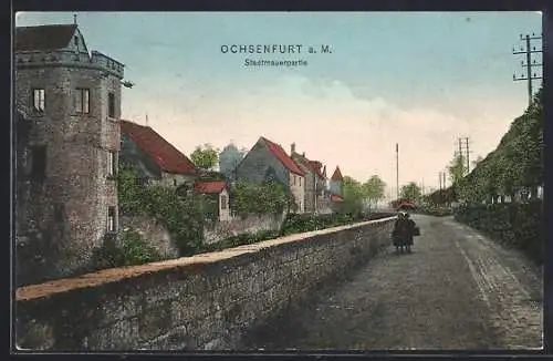 AK Ochsenfurt a. M., Stadtmauerpartie mit Strasse