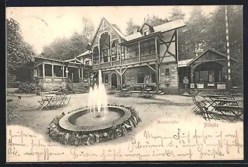 AK Dresden-Pillnitz, Gasthaus Meixmühle, Garten mit Springbrunnen