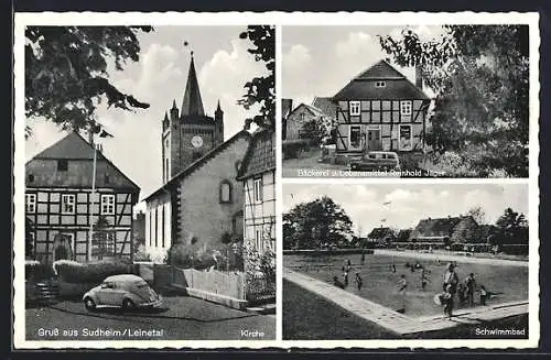 AK Sudheim /Leinetal, Bäckerei und Lebensmittelgeschäft Reinhold Jäger, Kirche, Schwimmbad