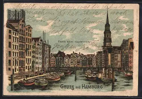 Lithographie Hamburg, Fleeth beim Hopfenmarkt